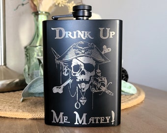8 Oz Stainless Steel Funny Hip Flask | Engraved Pirate Skull Drink Design Art | Unique Item Gift Idea for, Last Minute Special Event Present