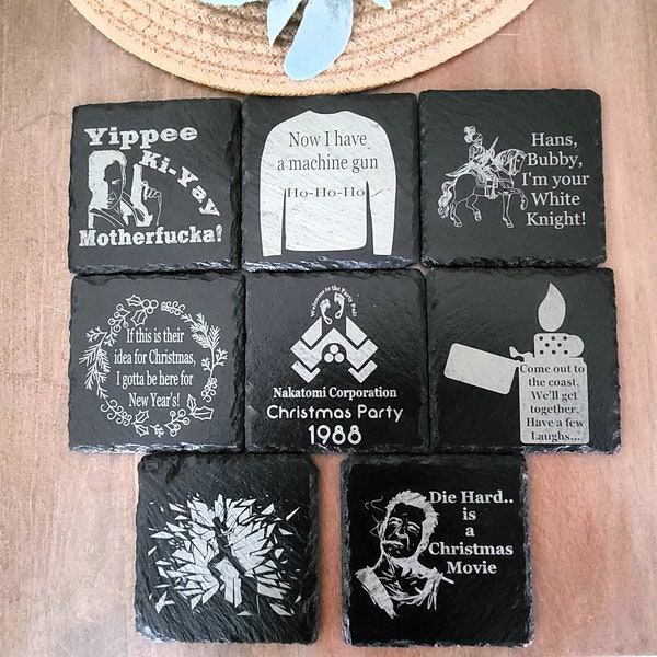 Die Hard Inspired Square Slate Coaster Sets | Sets of 2 4 6 8 | Laser Engraved Gift | Unique Item Gift Idea For | Coffee Table Movie Decor