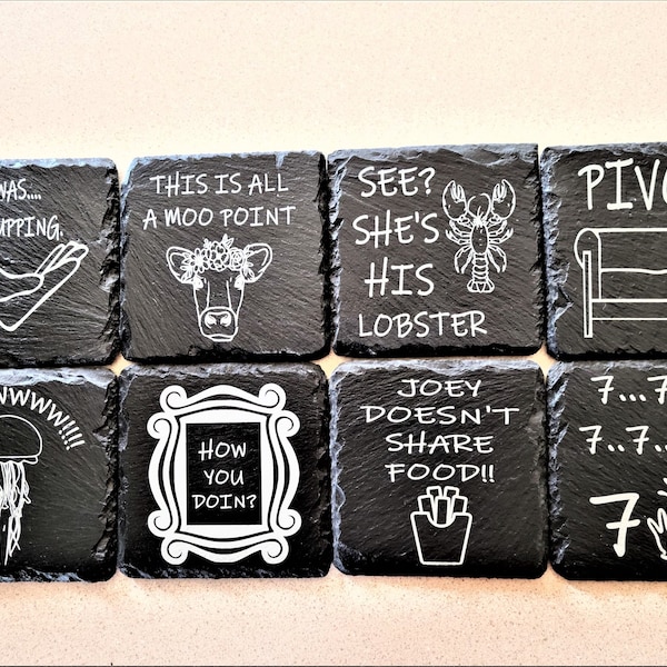 Friends TV show inspired Square Slate coaster sets | Laser engraved coasters | Sets of 2 4 6 or 8 | Handmade Home decor | Friends decor