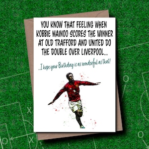 May include: A birthday card with a football theme, featuring a player in a red jersey. The card's text references a winning goal and a birthday wish. The card is set against a green background.