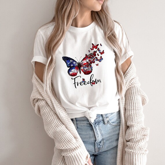 Inspirational Freedom Shirt,Womens 4th Of July Shirt,Gift For Her,American USA Flag Shirt,Butterfly Gift,Independence Shirt,Merica Shirt