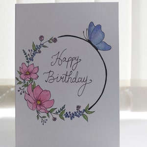 Handgeschilderde, personaliseerbare aquarelbloem/vlinderwenskaart | Verjaardagskaart | Op bestelling gemaakt