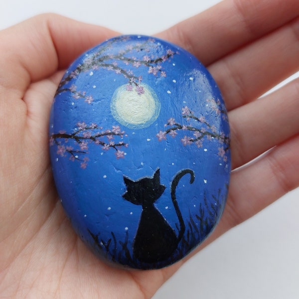 Cat Silhouette painted stone, night sky cherry blossoms moon painting