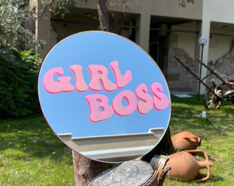 Girl Boss Holographic Acrylic Mirror ,  Empowering Wall Art with Color-Changing Vinly , Circle Mirror , Mirror Wall Decor , Ideal for Gifts