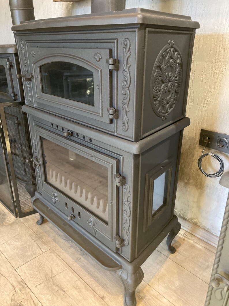 Cast Iron Fireplace Stove With Oven Threesided Glass Cooker Etsy