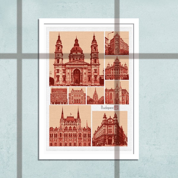 Budapest Architecture Poster, Hungarian historical buildings, Digital printable Wall Art, home decor, travel gift, Instant Download, A3, A2