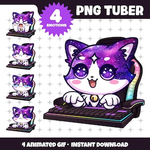Puede incluir: Ilustración digital de un personaje de gato con temática de galaxia sentado en una silla de juego, con un teclado. La imagen incluye el texto "4 Emotions" y "PNG Tuber". Debajo de la imagen principal hay cuatro imágenes más pequeñas del gato con diferentes expresiones. El texto "4 Animated GIF • Instant Download" está en la parte inferior.