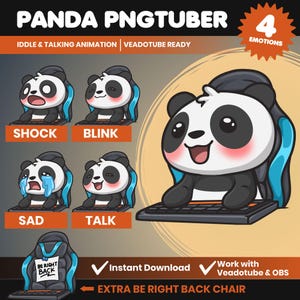 Animated Panda PNGTuber Avatar | 4 Emotions, Streamer Character (Instant Download) | Veadotube Ready