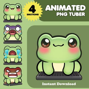 May include: Animated PNG Tuber featuring a green cartoon frog with four different emotions. The frog is shown with a happy, surprised, sad, and angry expression. The text "4 Emotions" and "Instant Download" are also included.