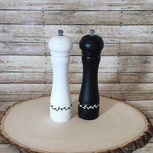 white and black 8" salt shaker and pepper mill shaker grinder