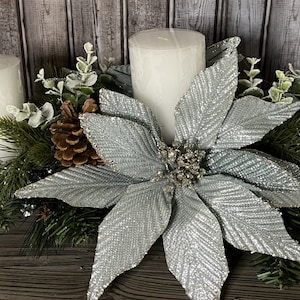 Blue Poinsettia Centerpiece, Blue Christmas, 3 Pillar Candles, Christmas decor, Table Decor, Home Decor, Pine cones