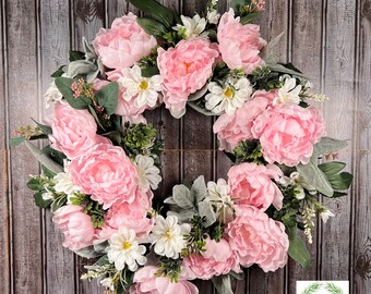 Pink Peony Spring Wreath, Lambs Ear, Floral Door Decor