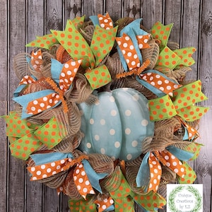 Fall Wreath, Blue Pumpkin, Polka-Dot wreath, Pumpkin Wreath, Autumn Wreath, Front Door, Fall Decor, Autumn Decor.