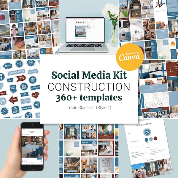 Construction Marketing, Social Media Kit, Canva Bundle, Trade Classic 1, 360+ templates