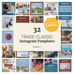 Pode incluir: Um conjunto de 32 modelos de Instagram projetados para Canva, com uma variedade de imagens relacionadas aos ofícios, incluindo construção, carpintaria e melhoria da casa. Os modelos são de estilo clássico com uma paleta de cores azul, marrom e amarelo.