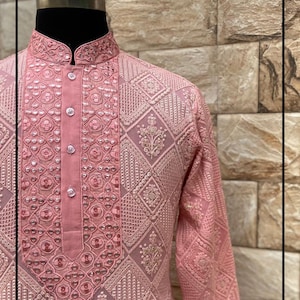Custom Fit Mens handmade Heavy Chikankari Kurta Pyjama Set indian kurta pajama set