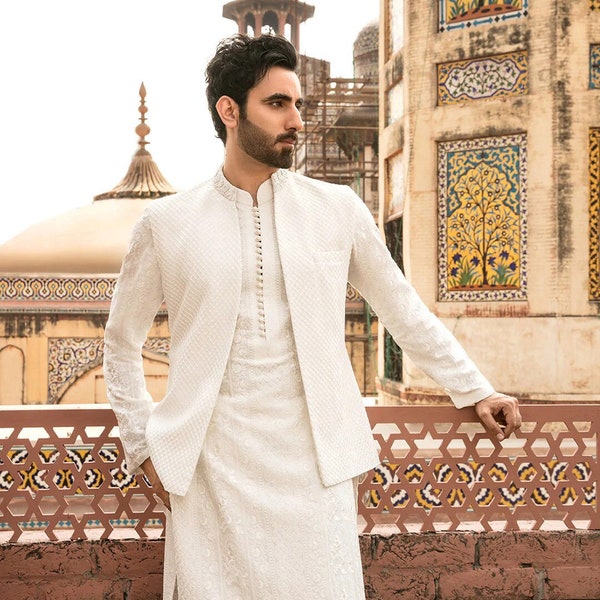 Mens Embroidered Korean raw silk  kurta salvar set with waistcoat set for wedding wear