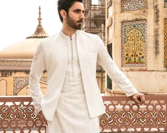 Mens Embroidered Korean raw silk  kurta salvar set with waistcoat set for wedding wear