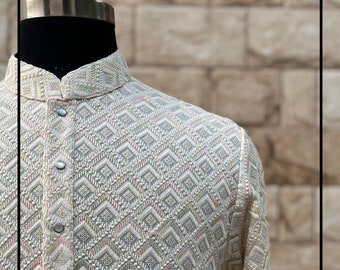 Conjunto de pijama Chikankari Kurta para hombre, traje de boda indio