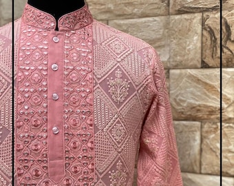 Custom Fit Mens hecho a mano Heavy Chikankari Kurta Pajama Set indio kurta pijama set