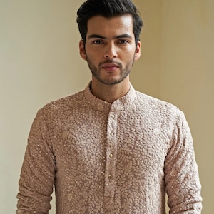 Pale Mauve Handmade Mens embroidery Kurta Pyjama Set wedding wear kurta pajama indian kurta pajama ethnic set for mens festival kurta set