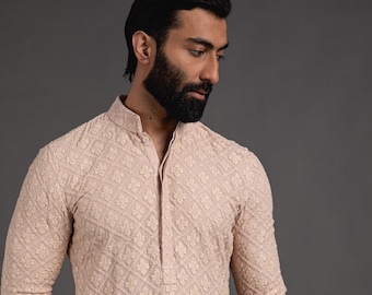 Mens Heavy Chikankari Arbeit Kurta Pyjama Set indische Kurta Pyjama Set für Männer indische Hochzeit tragen Outfit für Herren Zeremonie Outfites
