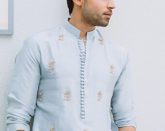Ice Blue Embroidered Kurta Pajama Set for Men | Designer Ethnic Wear | Festive Wedding Kurta Set