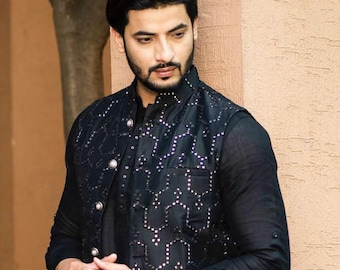 Fabriqué à la main sur mesure, broderie en papier miroir, veste gilet pour mariage indien pour hommes, veste Nehru