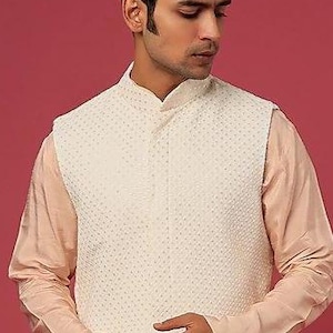 Peach Silk Kurta Set with Cream Embroidered Nehru Jacket – Elegant Festive & Wedding Outfit for Men