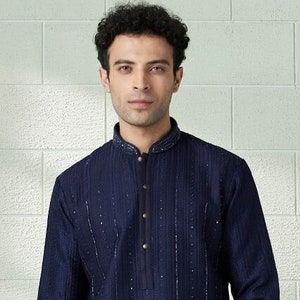 Navy blue Colour Dola silk embroidery mens kurta pajama set for indian wedding wear