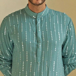 Men&#39;s  viscose Georgette pepar mirror embroidery Kurta Pyjama Set