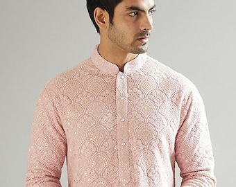 Blush Pink Colour Georgette embroidery mens kurta pajama set for indian wedding wear