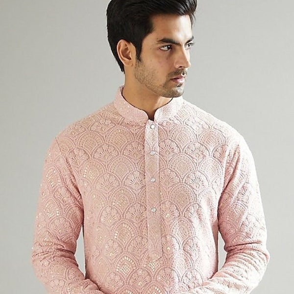 Blush Pink Colour Georgette embroidery mens kurta pajama set for indian wedding wear
