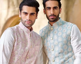 Broderie séquentielle sur mesure faite à la main, veste gilet pour mariage indien pour hommes, veste Nehru