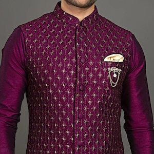 Hand Made Custom Fit Cherry Silk Viscose embroidery Men&#39;s Indian Wedding Wear waistcoat jacket, Nehru jacket