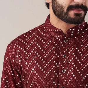 Costom fit Georgette mirror embroidery Kurta Pyjama Set for men
