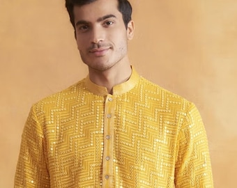 Herren schwerer Chikankari Kurta Pyjama Set, indisches Hochzeitsoutfit