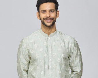 Custom Fit Raw Silk Kurta Pyjama Set, Embroidered Indian Wedding Outfit