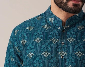 custom fit georgette embroidery mens kurta pajama set