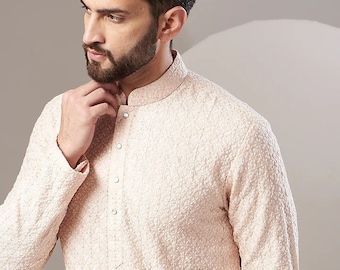 Dola Silk embroidery mens kurta pajama set for indian wedding wear