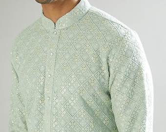 Pastel Green sequence Work Georgette Embroidered Kurta Set for Men
