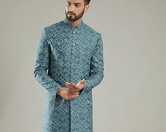 Cobalt Blue color viscos embroidery mens wedding wear sherwani, function wear, festival wear indo, indian wedding wear sherwani