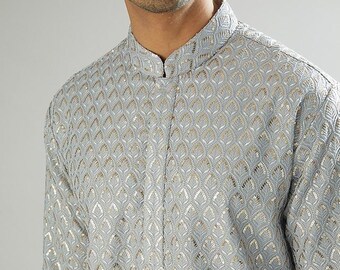 Silver Jacquard Kurta Set with Ivory Pants – Regal Festive & Wedding Wear for Men