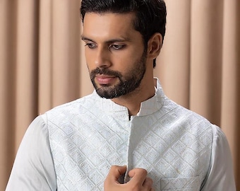 Elegant Light Blue Kurta Set with Embroidered Nehru Jacket