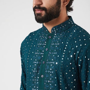 Costom fit Georgette mirror embroidery Kurta Pyjama Set for men