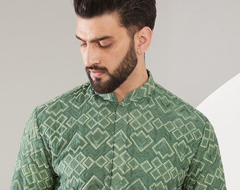 Custom Fit bordado de seda cruda Kurta Pajama Set indio kurta pijama conjunto para hombres traje de boda indio, colección de ropa étnica para hombres