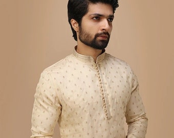 korean tusser silk kasab embroidery kurta churidar set for wedding wear