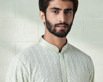 Conjunto de pijama kurta masculino com bordado Georgette cor verde C para roupa de casamento indiano