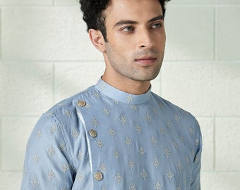 Light Teal Georgette embroidery mens kurta Churidar set for indian wedding wear