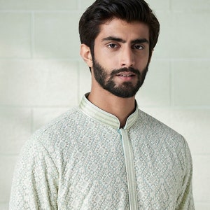 C Green Colour Georgette embroidery mens kurta pajama set for indian wedding wear